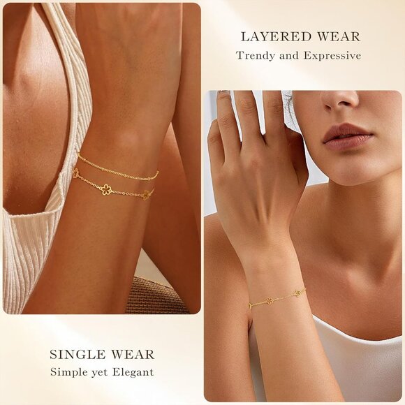 Dainty Double-Layer Flower Bracelet Set - 14K Gold Plated for Everyday Elegance - Picture 4 of 7